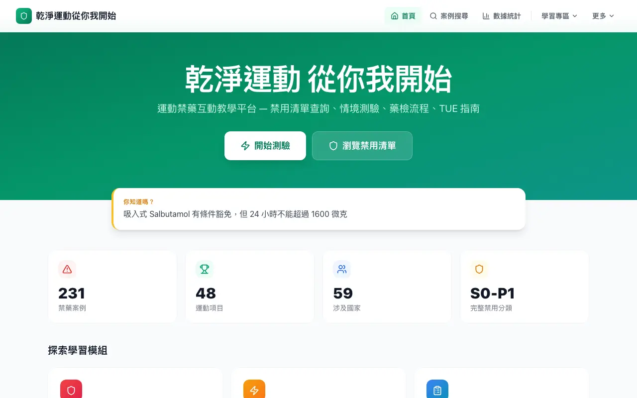 運動禁藥教育平台 首頁截圖
