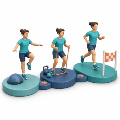 說明分階段復健、平衡、力量、跑步回場的 3D 插圖