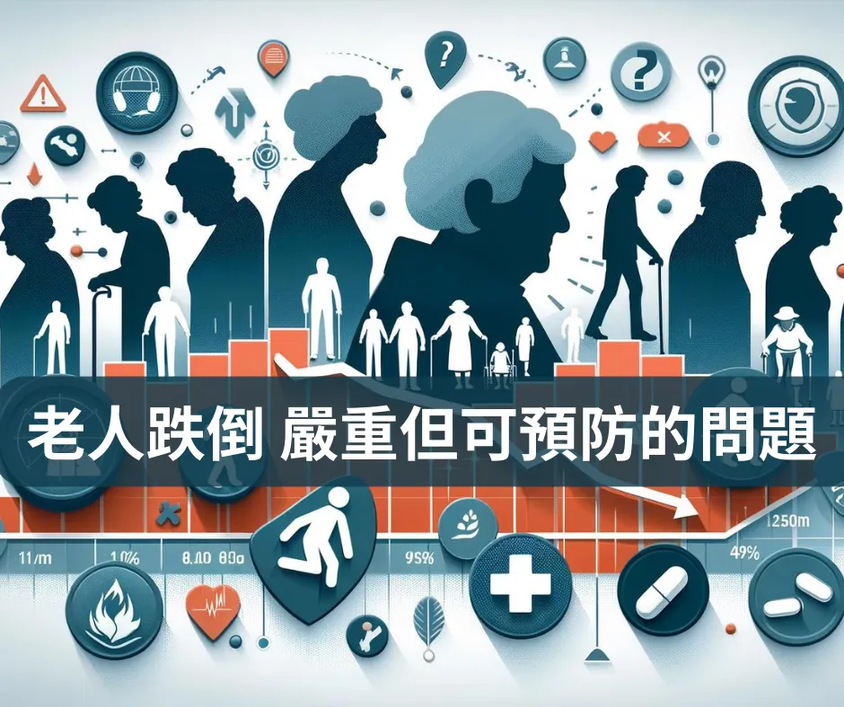 老年人跌倒衛教題圖，多位長者剪影搭配健康相關圖示，含中文標題老人跌倒嚴重但可預防的問題