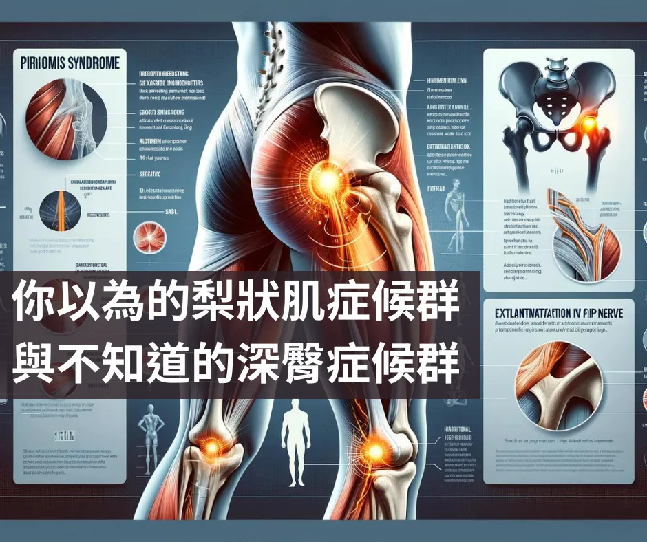 梨狀肌症候群與深臀症候群主題封面,骨盆髖部解剖插圖標出臀部疼痛位置