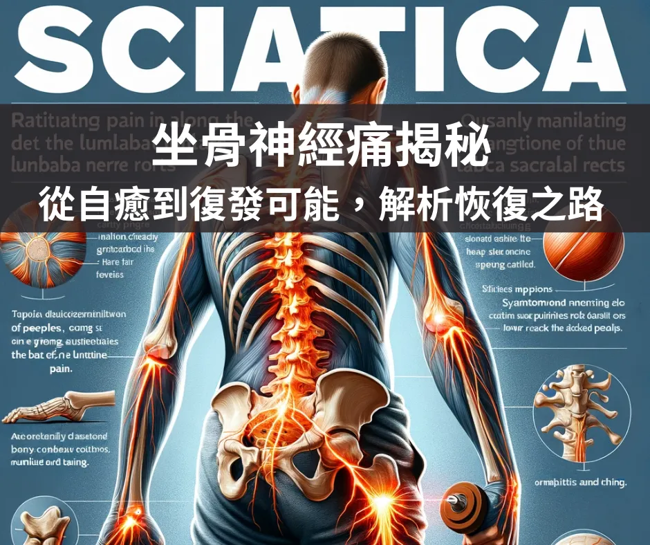 坐骨神經痛主題封面,背部脊椎沿線以紅色高亮顯示放射痛分布,大標 SCIATICA 與中文標題坐骨神經痛揭秘