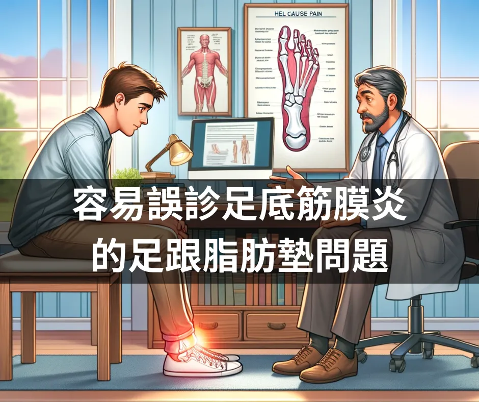 診間醫師與足跟疼痛患者插畫,標題「容易誤診足底筋膜炎的足跟脂肪墊問題」
