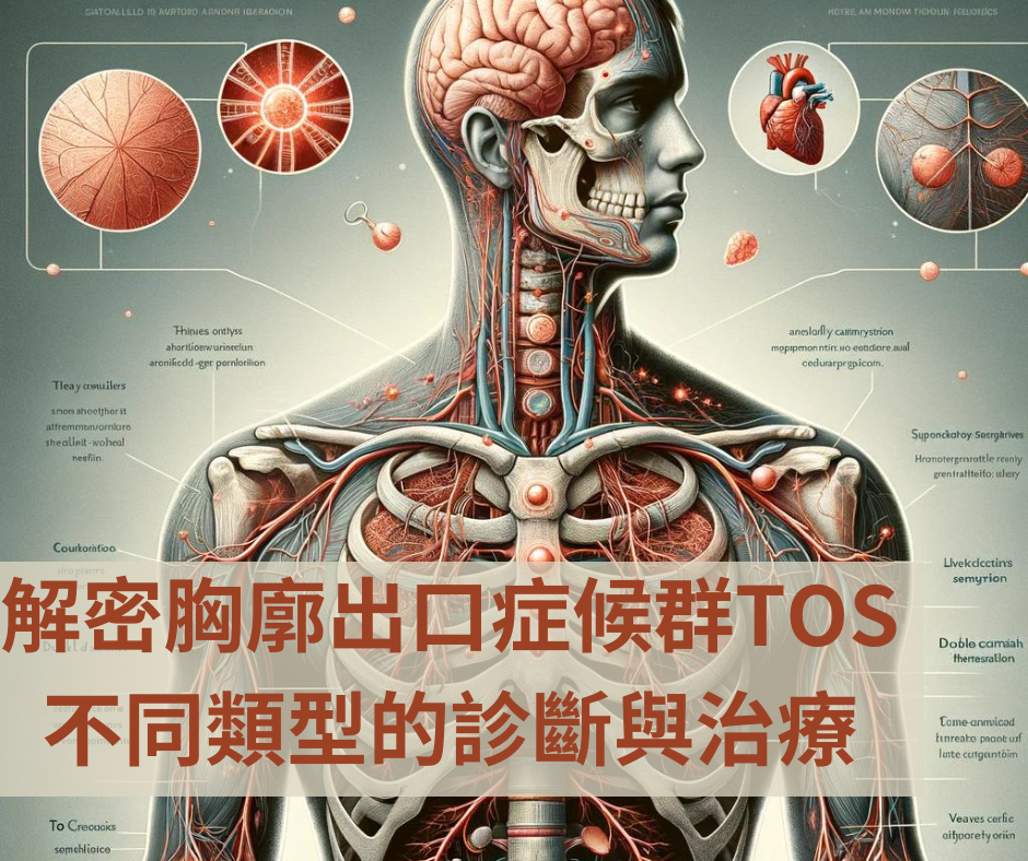 胸廓出口症候群TOS文章封面,側面頭頸與上半身人體插畫以紅線描繪血管與神經走向,疊上中文標題