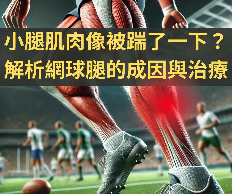 網球腿成因與治療文章封面,足球場上奔跑的雙腿與紅色小腿肌肉示意