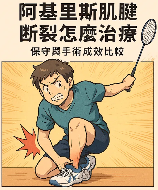蹲姿人物插畫,標題「阿基里斯肌腱斷裂怎麼治療 保守與手術成效比較」