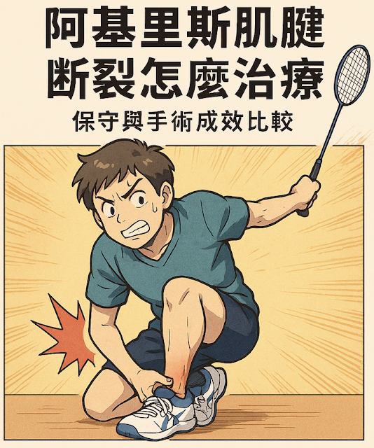 蹲姿人物插畫,標題「阿基里斯肌腱斷裂怎麼治療 保守與手術成效比較」