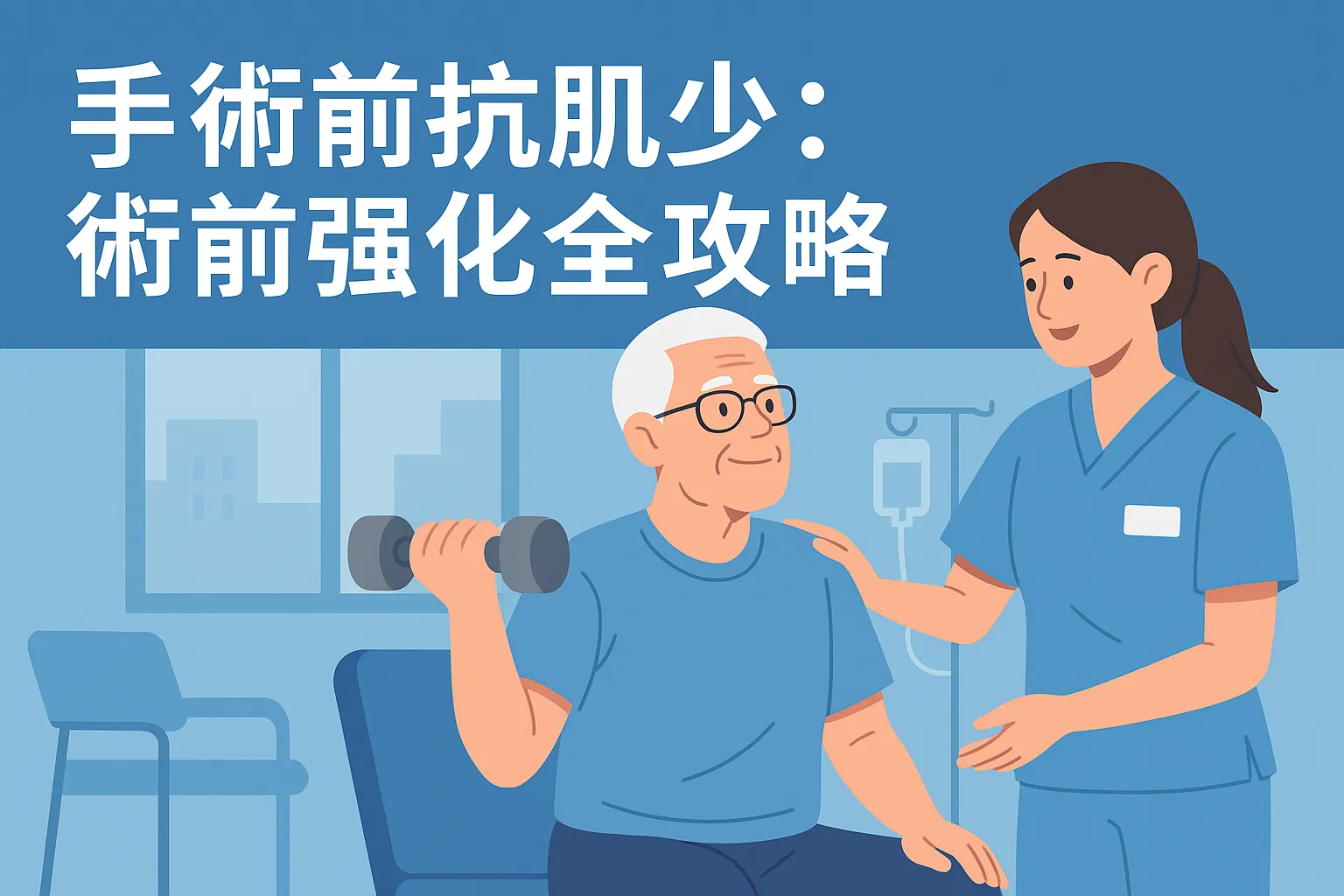 手術前抗肌少術前強化全攻略題圖,插畫中白髮長者手持啞鈴做阻力訓練,醫護人員在旁協助