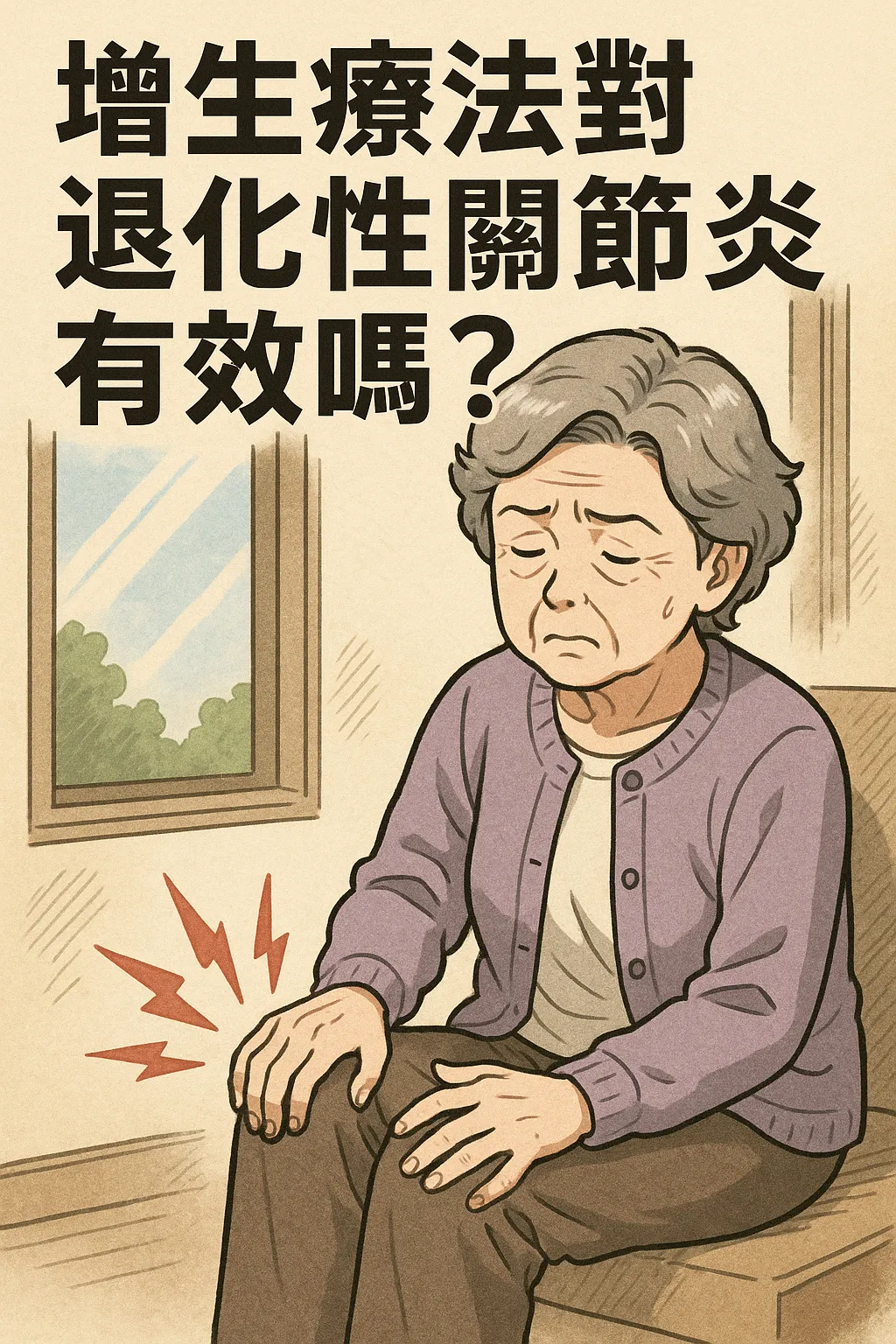 長者手扶疼痛的膝蓋插畫，標題「增生療法對退化性關節炎有效嗎？」